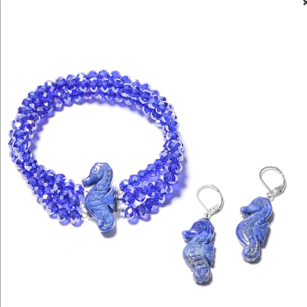 Seahorse Lapis&Blue Magic Glass Bracelet&Earrings